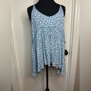 Women’s Blue And White Floral Babydoll Cami Flowy Adj Spaghetti Straps V Neck